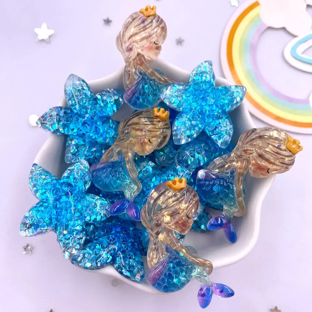 Resin Kawaii Colorful Mermaid Starfish Starry Blue Series Flatback Rhinestone Cartoon Figurines 10PCS Scrapbook DIY Decor Crafts