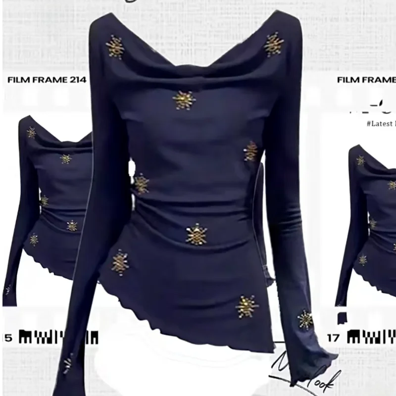 เสื้อยืดผู้หญิงทรงเข้ารูป แต่งเพชร ด้านหลังผูกเอว สำหรับต้นฤดูใบไม้ร่วง รุ่น Ele Long Sve