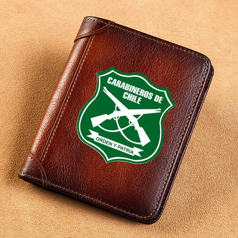 High Quality Genuine Leather Carabineros De Chile Badge Printing Card Holder Short Purse Luxury Brand Male Wallet