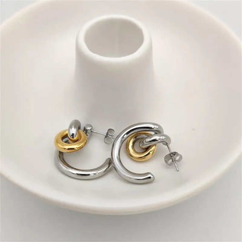 Vintage Tangled Loop Knot Shape Hoop Earrings for Women Two-tone Stainless Steel Twisted C Shape Ear Huggie Minimalist Jewelry