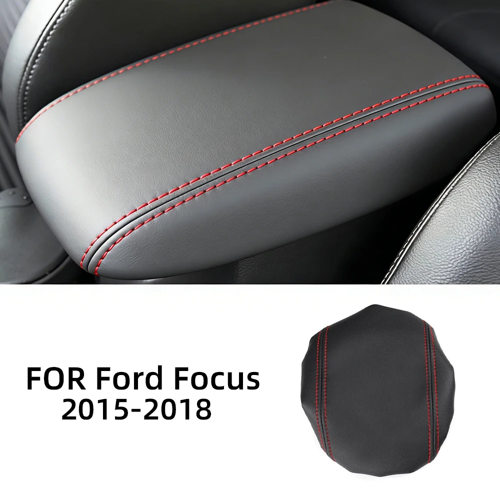 For Ford Focus 2015-2018 Center Console Armrest Cover Black Leather Red Stitching Interior Accessories Protector Pad Decor Style