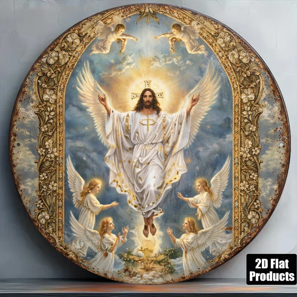 Placa de Metal 2D Redonda 8x8in (20x20cm) em Alumínio Vintage com Arte Religiosa da Ressurreição de Jesus para Decoração de Sala de Estar, Igreja ou Presente