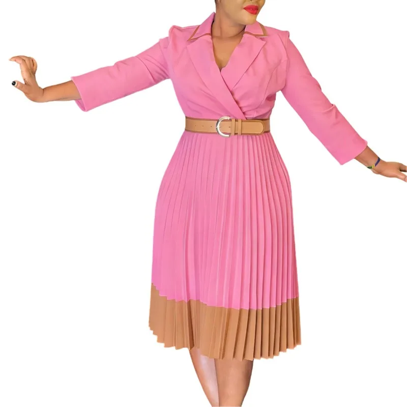 

Elegant Office Pleated Dresses for 2026 New Notched Collar Full Sleeve Belt Waisted Mid Calf Professional Business Work Dress OL
