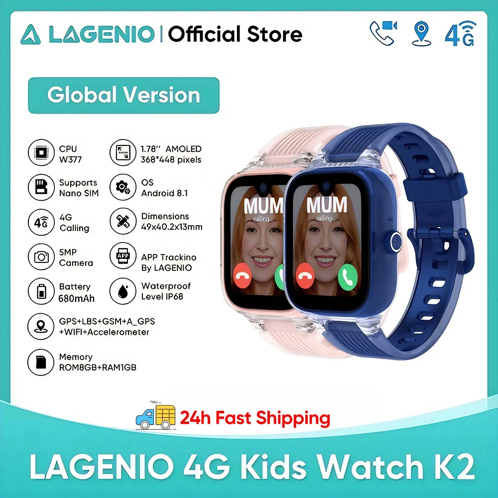 

Global Version LAGENIO K2 4G Kids Smart Watch WIFI SOS GPS Tracker APP Install Smartwatch 5MP Camera Video Call Phone Watch