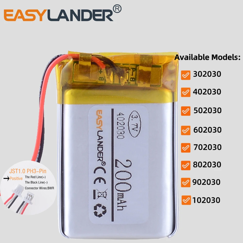 JST1.0mm 3Pin 802030 3.7V 500mAh  302030 402030 502030 602030 702030 902030 102030 Rechargeable Lithium Lipo Polymer Battery