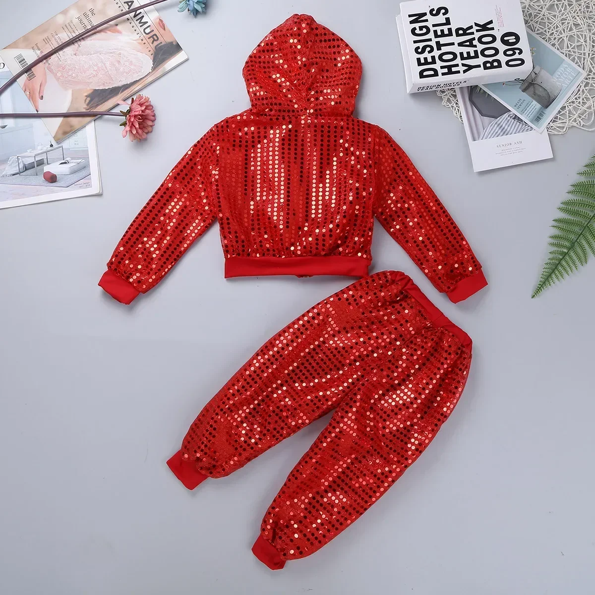 

Girls Boys Sequins Hip Hop Jazz Dance Costume Long Sleeve Hooded Top with Pants Street Dance Set Kids Performance Costume Suits