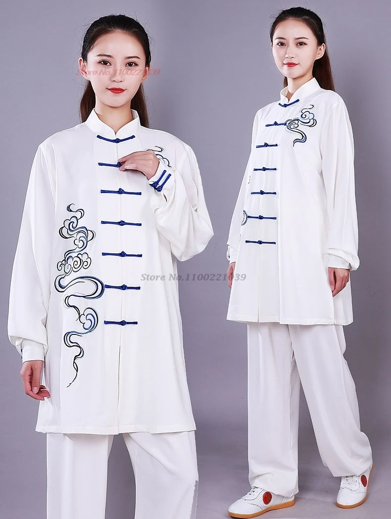 2024 chinese tai chi uniform clouds embroidery wushu taiji morning exercise team tai chi kung fu martial stage performance set