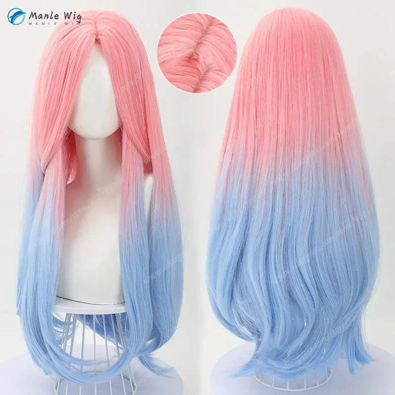 زي تنكري للأجانب المتحركة - شعر مستعار ميز بطول 70 سم وردي وأزرق، مناسب لحفلات الهالوين وعيد الميلاد