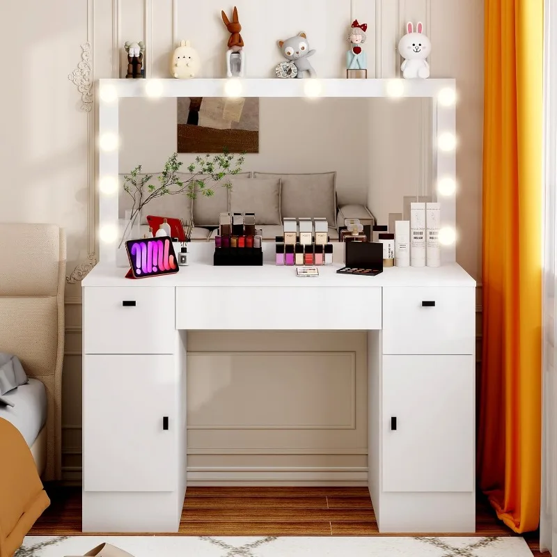 Vanity Desk with Mirror and Lights, Makeup Vanity, 3 Colors Lighting Adjustable Brightness, 3 Drawers 2 Cabinets Storage