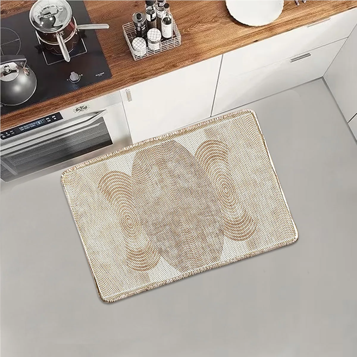 A Light Coffee Gradient Concentric Circle Texture Kitchen Floor Mat, Comfortable Non-Slip Mesh Rectangular Foot Mat