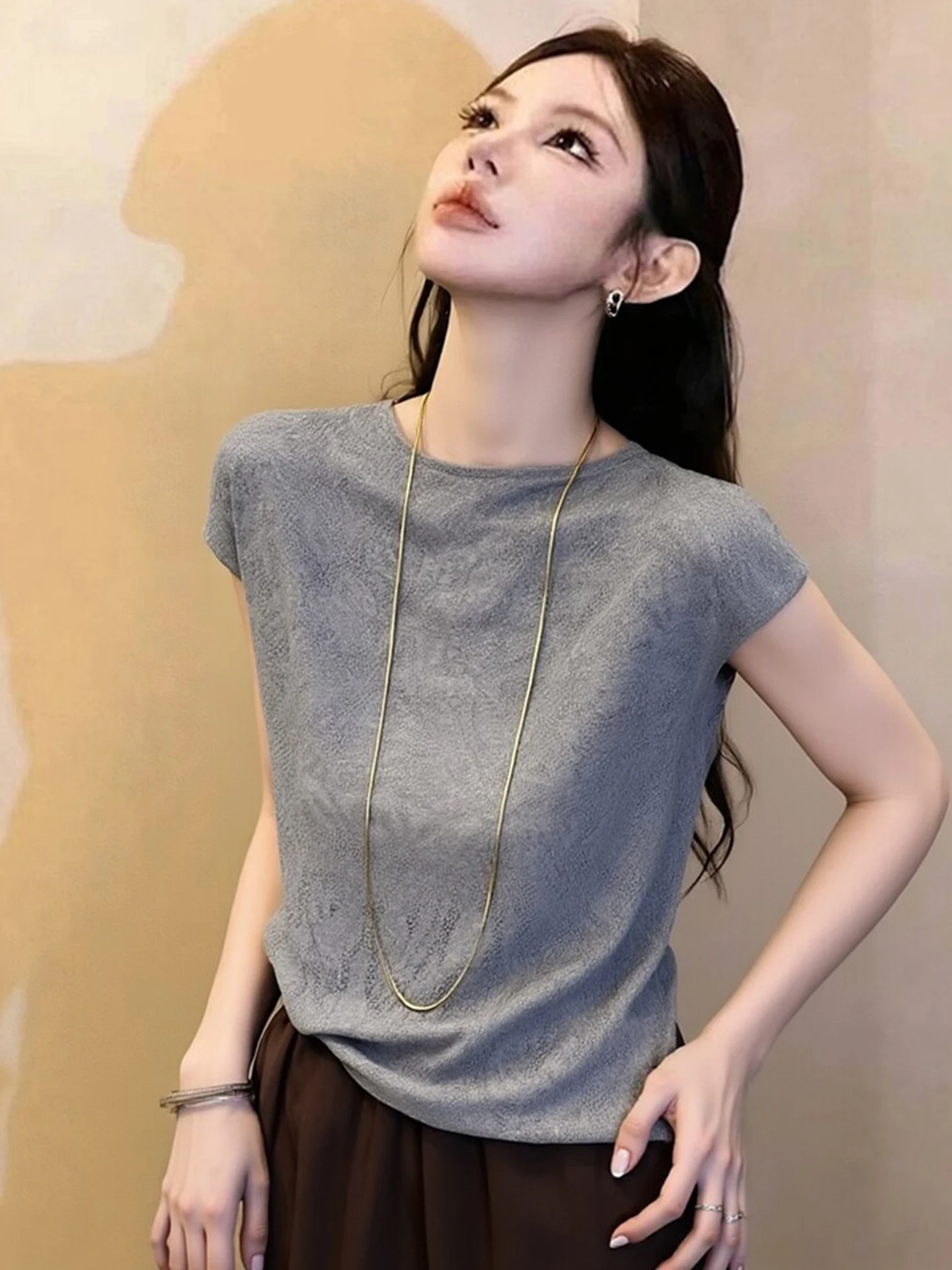 

Ele Knitted ort Sve Women's T-irt Skin-friendly Casual Sle Spring Faion Versatile Basic round Ne Top