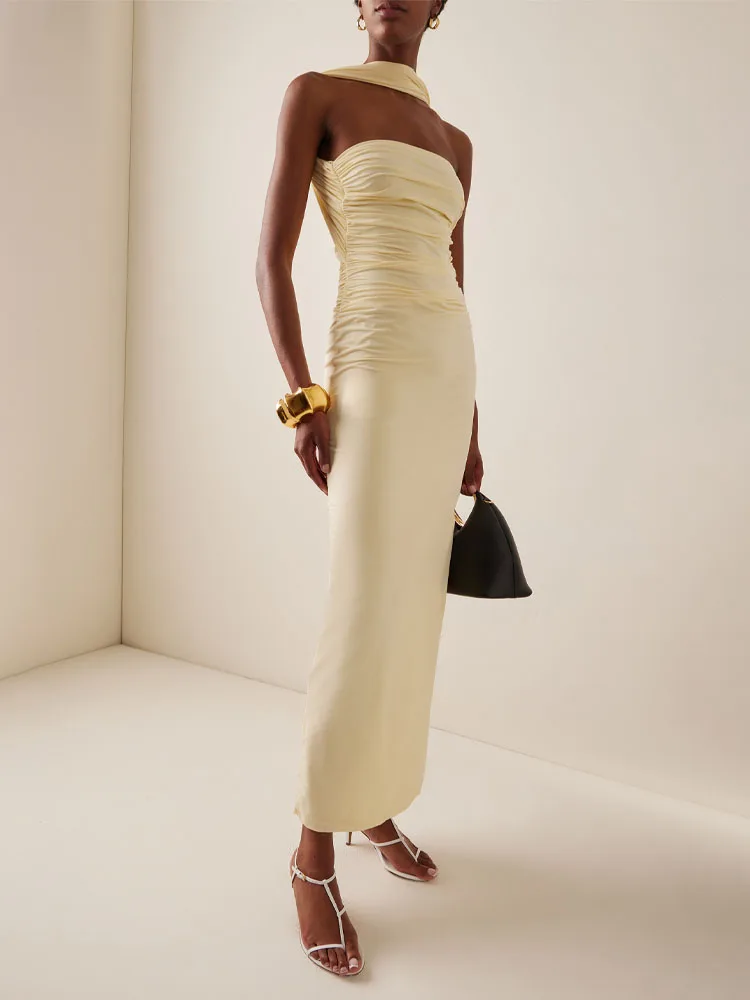 

Elegant Yellow Strapless Ruched Long Dress – Sophisticated Bodycon Garden Gown with Choker Neckline | Perfect for Formal Events