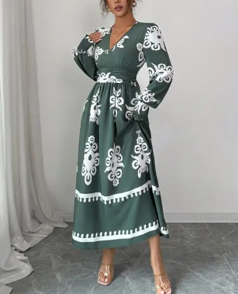 Robe longue à manches longues et col en V pour femmes, motif brodé floral avec accent de la taille et poignets à volants, robe élégante et décontractée