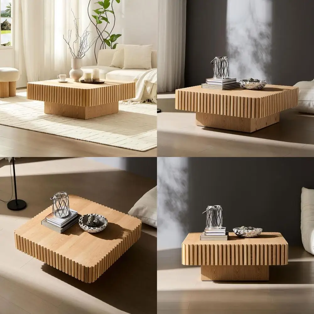 35-inch Mid-Century Modern Drum Coffee Table - Handcrafted Round Wood Center Table for Living Room and Home Office in Natural Fi