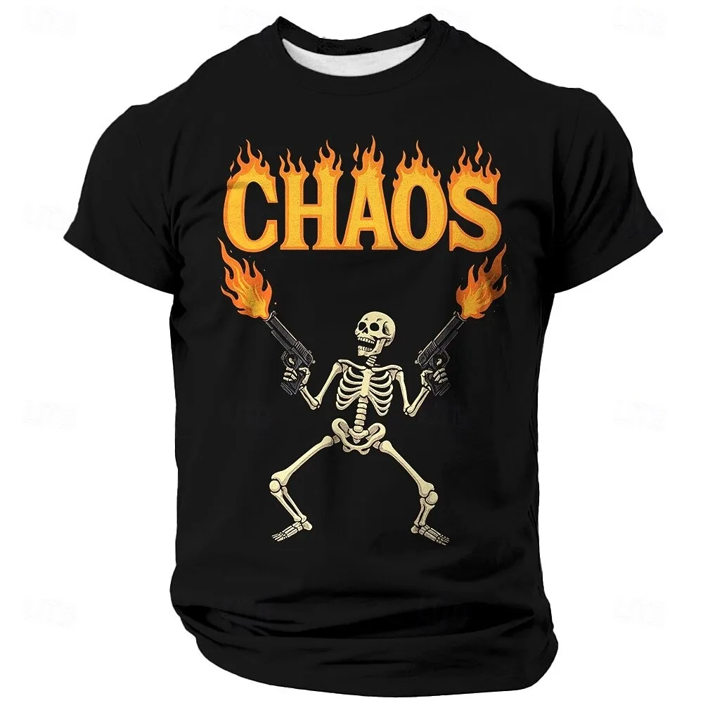 

Halloween Men's Skeleton Letter CHAOS T Shirt Short Sleeve T shirt 3D Print Crew Neck Shirt Fashion Daily Street Daily Clothing