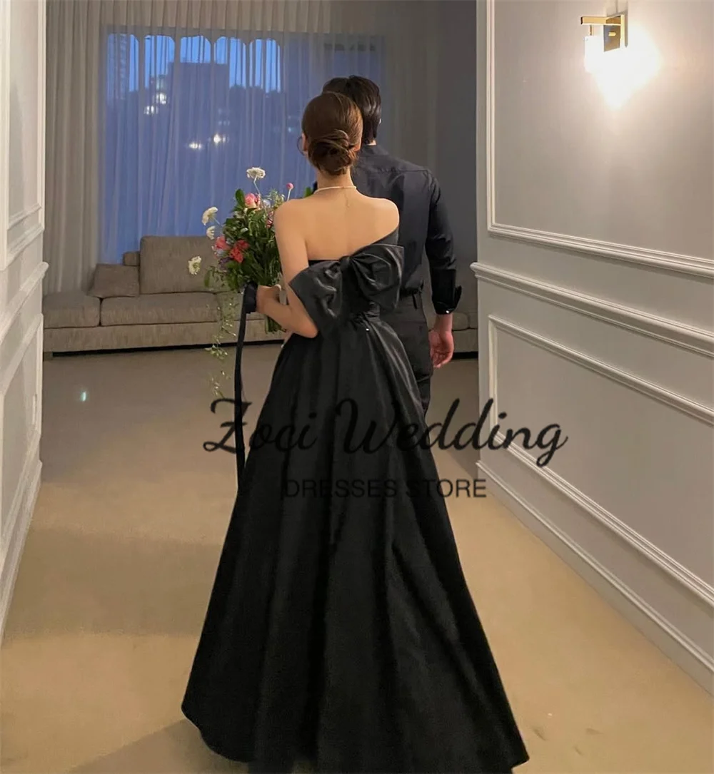 Zoci Elegant Black Taffeta Korea Evening Dresses One Shoulder Photo Shoot Dress Customized Big Bow Backless Formal Party Gown