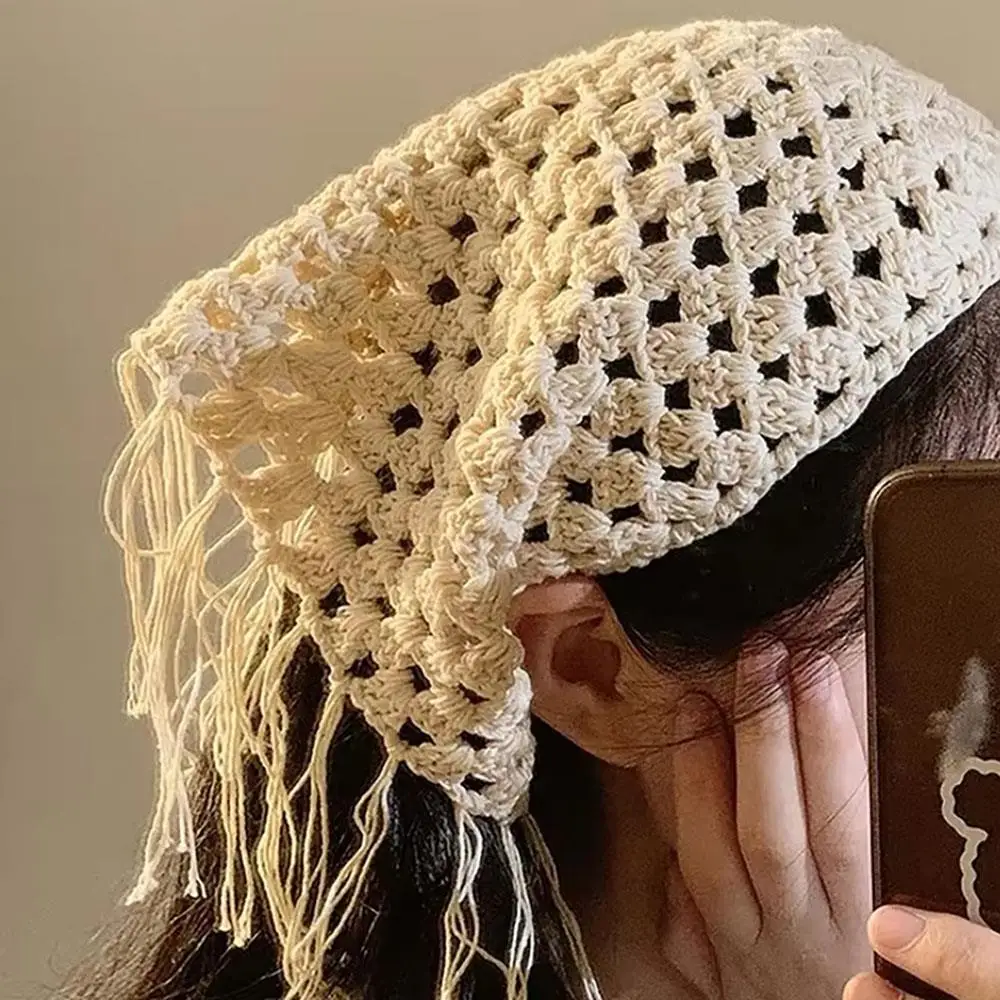 Bufanda triangular de encaje para el pelo, diadema a la moda con agujeros, turbante bohemio con borlas, delantal de punto con flores para la cadera, banda para la cintura para mujer