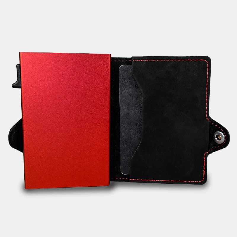 CASEKEY ผู้ถือบัตรแฟชั่นอลูมิเนียมกระเป๋าสตางค์บัตรเครดิต RFID Blocking สมาร์ทหรูหราหนัง Slim Men กระเป๋าสตางค์ซิป Vallet