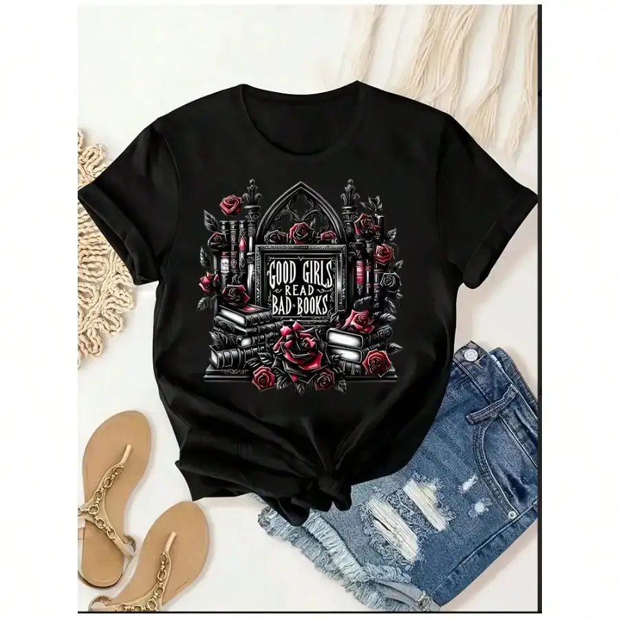 

Women's Gothic "Good Read" Graphic T-Shirt - Black, All-Season Comfort, Fashion Statement Tee | Rebellious Design | Fabric