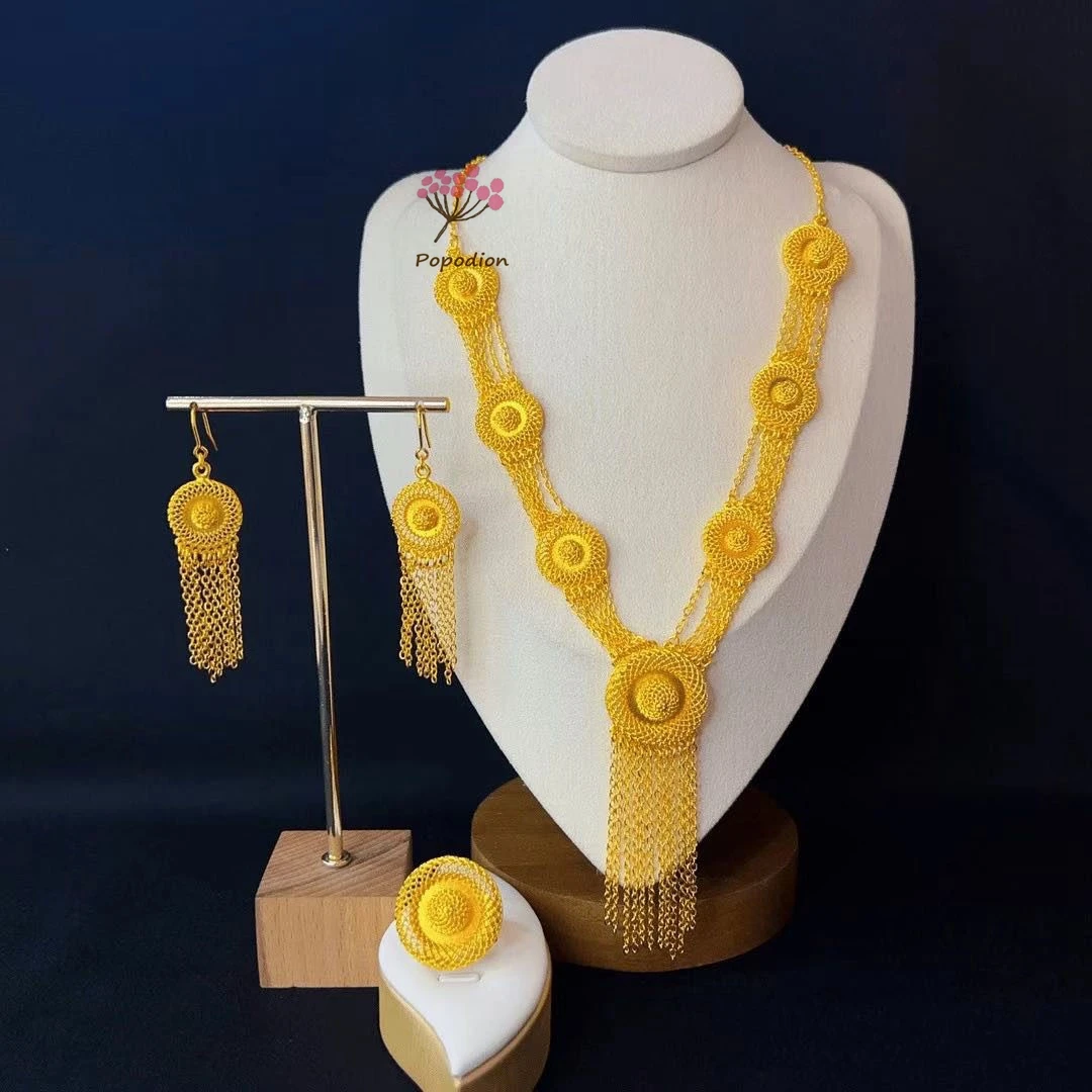 

New Middle Eastern Dubai 24K Gold Plated Ring Necklace Earrings Romantic Wedding Gift Party Jewelry Set for Women DD10587
