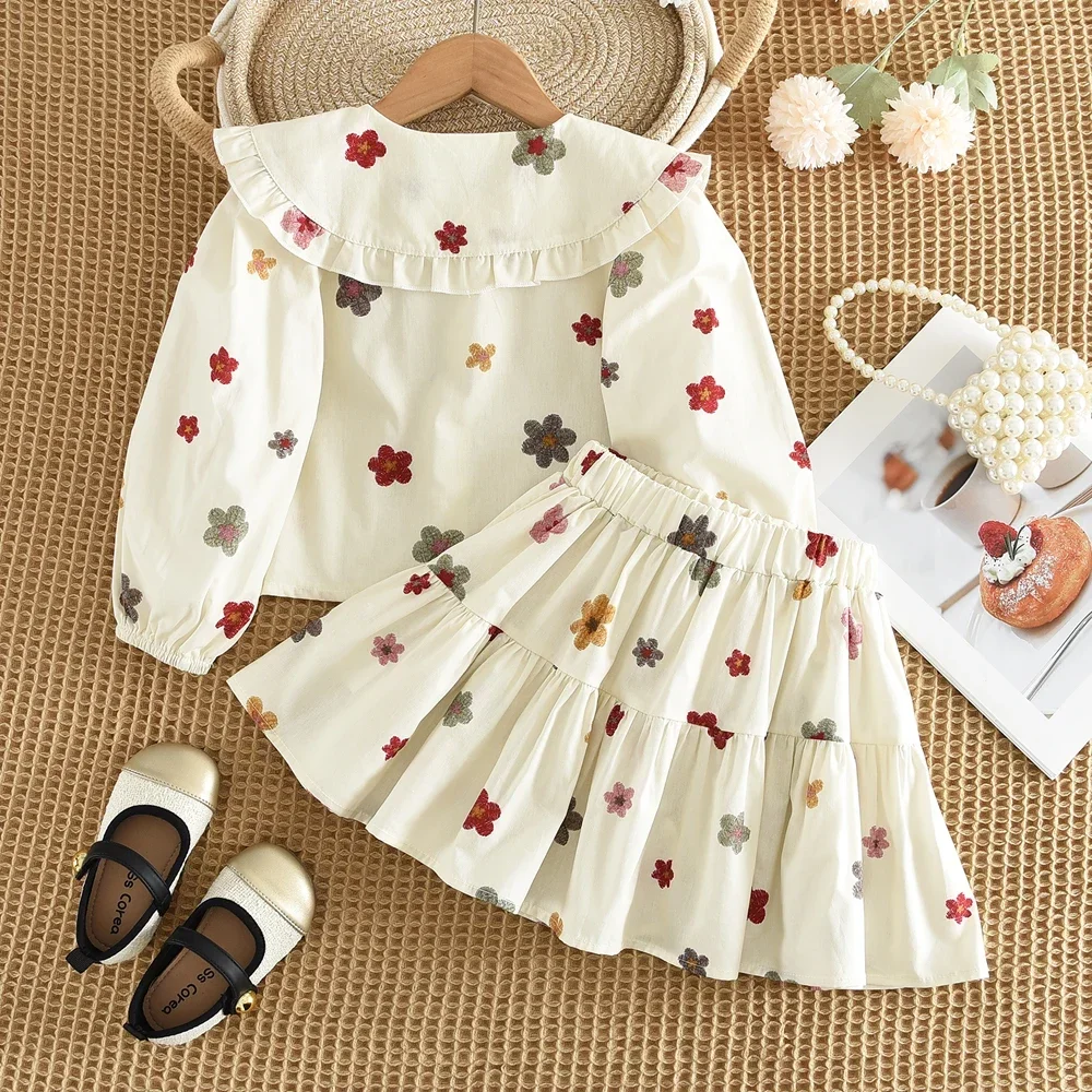 Autumn New 2-6 Year Old Girls' Casual Clothes  Lapel Floral Long Sleeved Pullover+pleated Skirt Two-piece Set Korean Version - view 2