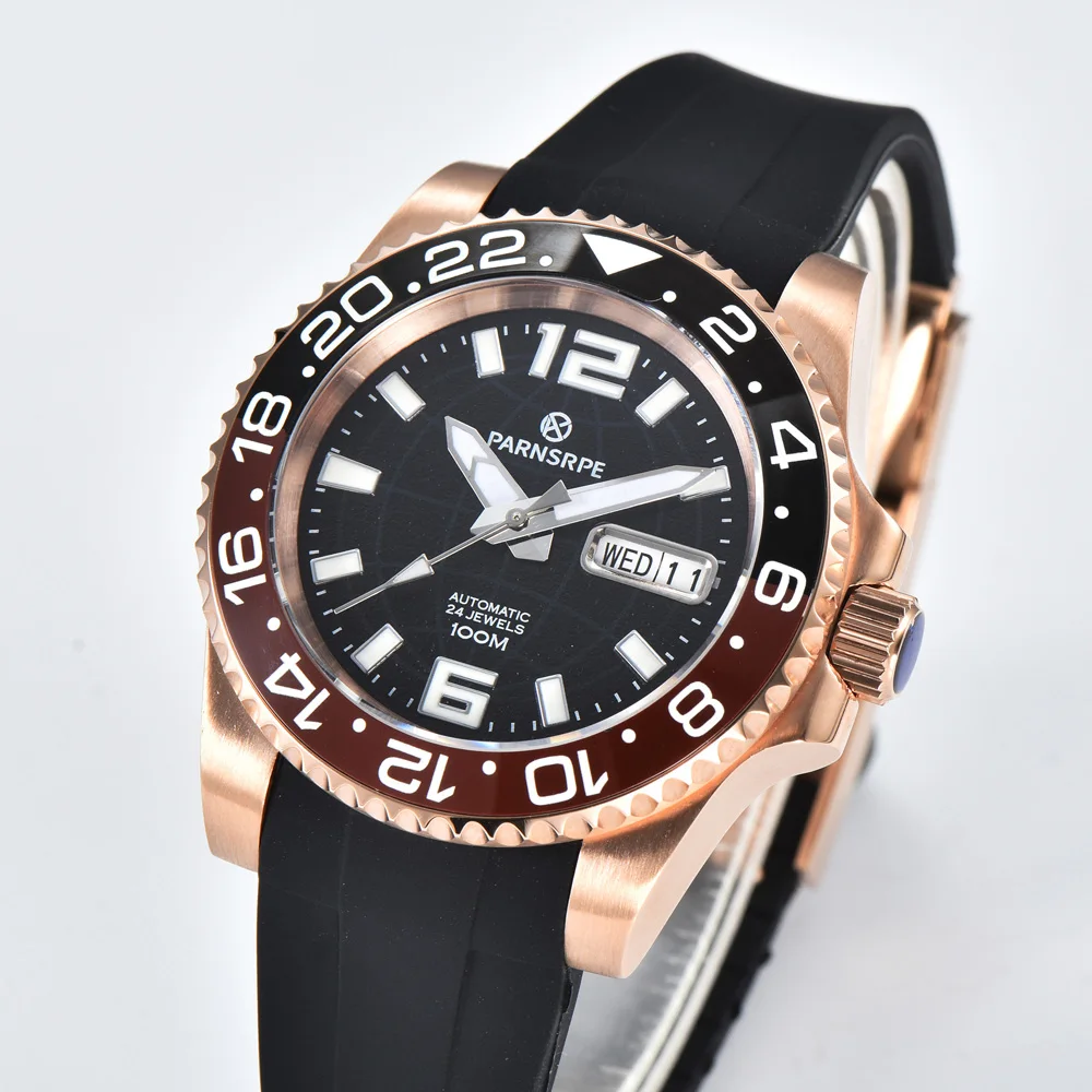 PARNSRPE Men\'s premium rose gold business watch sapphire glass Japan NH36 dual display movement rubber strap