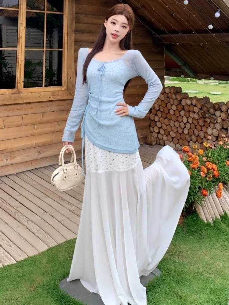 

Women's French Style Tea Party A Line Dress Top Two Piece Set Summer Elegant Waist Tie Slim Fit Casual Chic Outfit