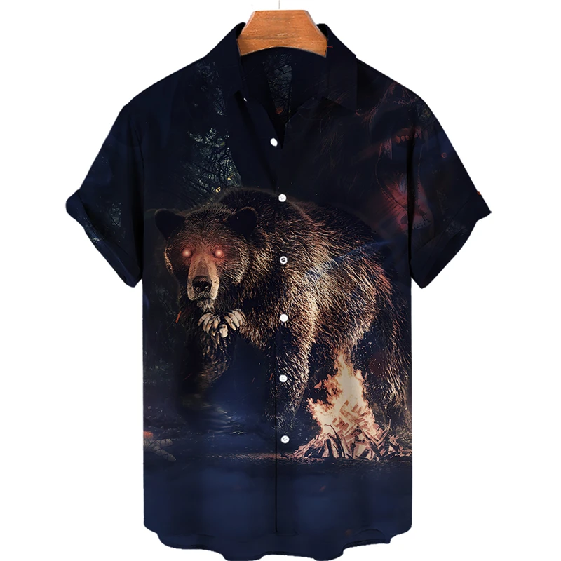

Fashion Bear Graphic Shirts For Men Trendy Summer Short Sleeve 3D Animal Printed Shirt Loose Streetwear Lapel Button Blouses