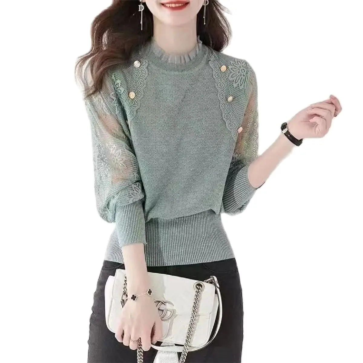 Women Sweater Lace Sleeve Patchwork Korean Fashion Style Clothes Casual Solid Color Loose Spring Autumn Knitwear