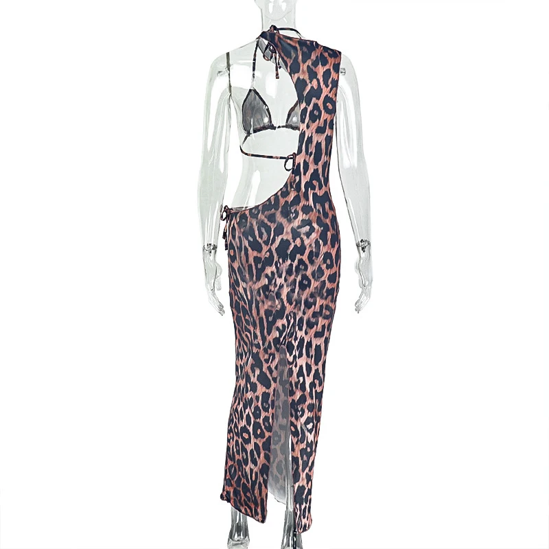 BKLD Vakantie aan zee Onregelmatige luipaardprint 3-delige outfit Halter Vetersluiting BH + slipje + mouwloze lange jurk Mode Damespakken