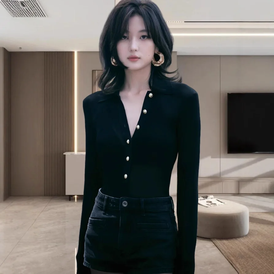 

8139 Sun Qian Celebrity Style Black Sweater Autumn Wool Blend Old Money Polo Shirt Gold-Plated Button Knitted Top
