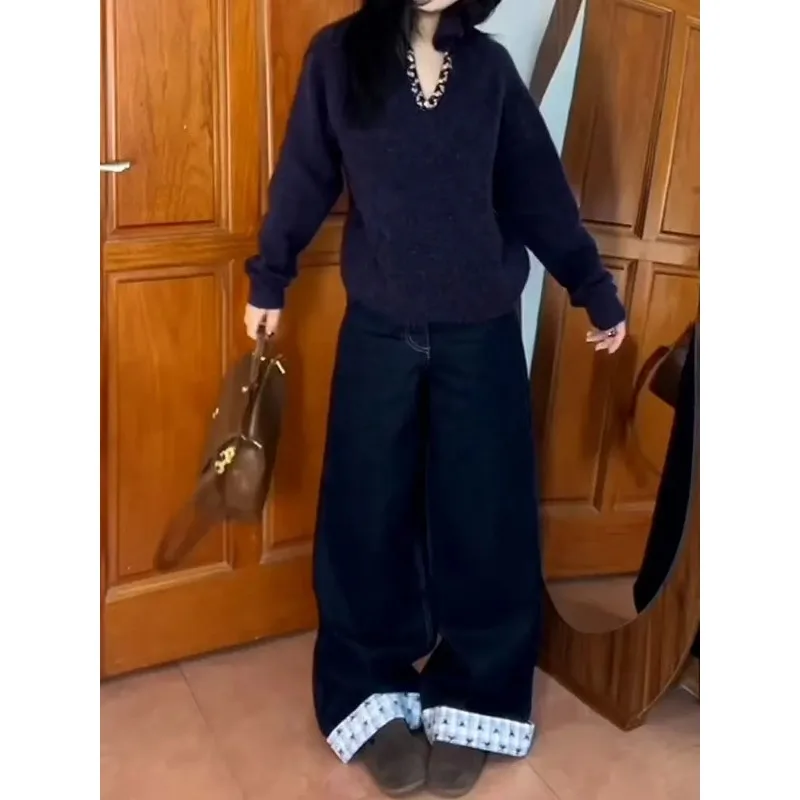 

Loose Womens Jeans Casual Comfortable High Waist Wide Leg Trousers New Design Plaid Pattern Floor Length Pants for Daily Wear