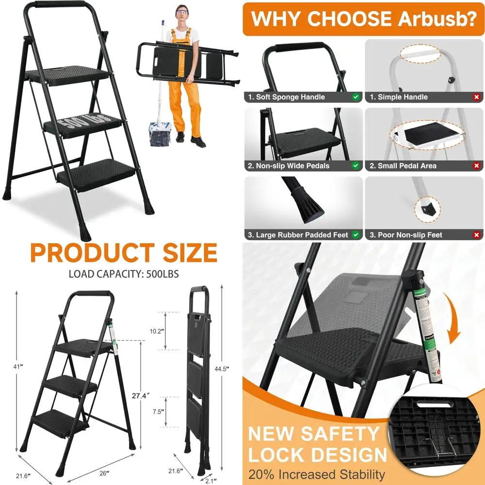 سلم فولاذي قابل للطي بثلاث خطوات مع مشطات مضادة للانزلاق، سعة 500 رطل، محمول وقوي، مثالي للاستخدام المنزلي والورش #1