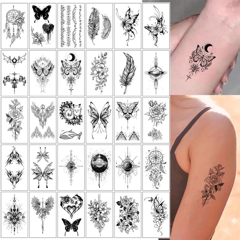 30pcs Butterfly Flowers Cartoon Small Temporary Tattoos Waterproof Tattoo Stickers for Men Women Body Hand Feather Fake Tattoo