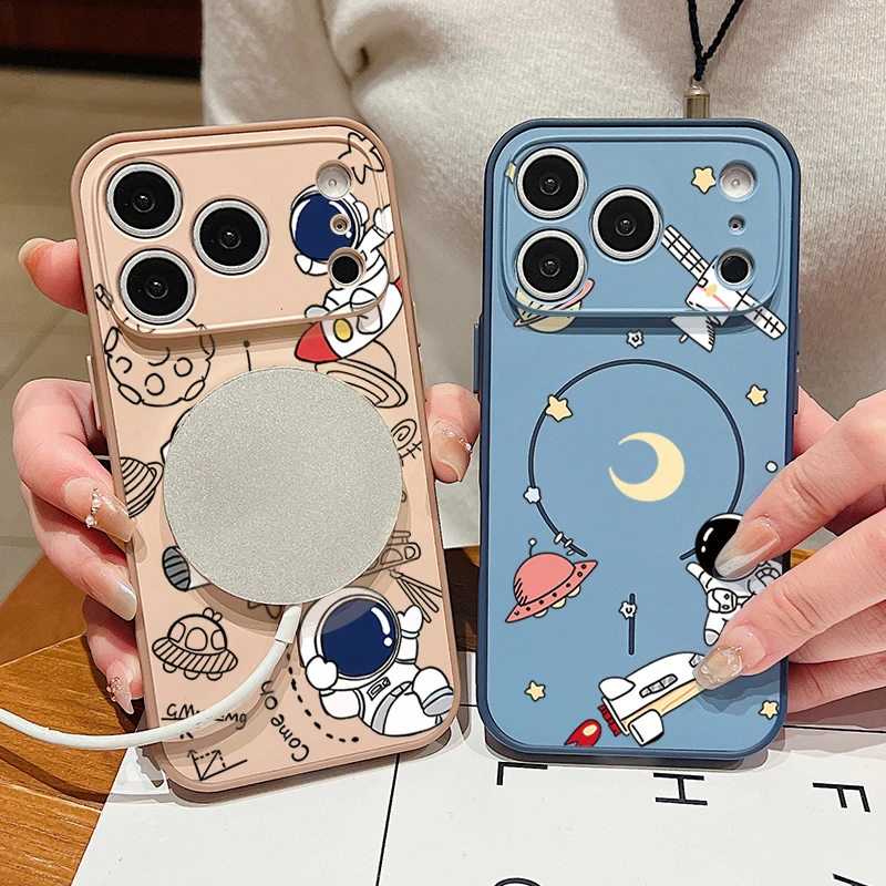 

Cartoon Astronaut Print Magnetic Phone Case For iPhone 17 Pro 16 15 14 13 Pro Max For Magsafe Wireless Charge TPU Hard PC Cover