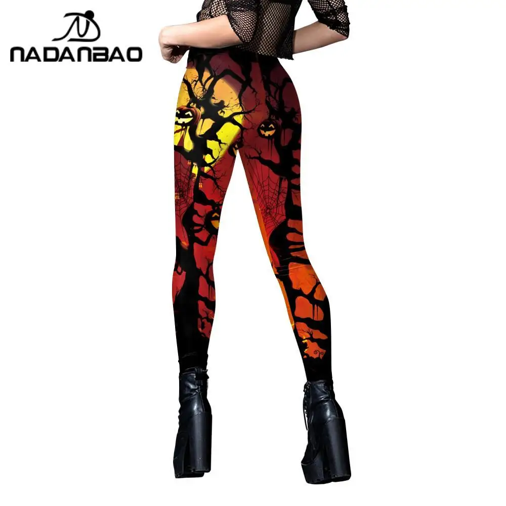 Nadanbao Funny Halloween Night Pumpkin Print Leggings Women's Mid Waist Soft Trousers Festival Party Casual Pants Sports Bottoms