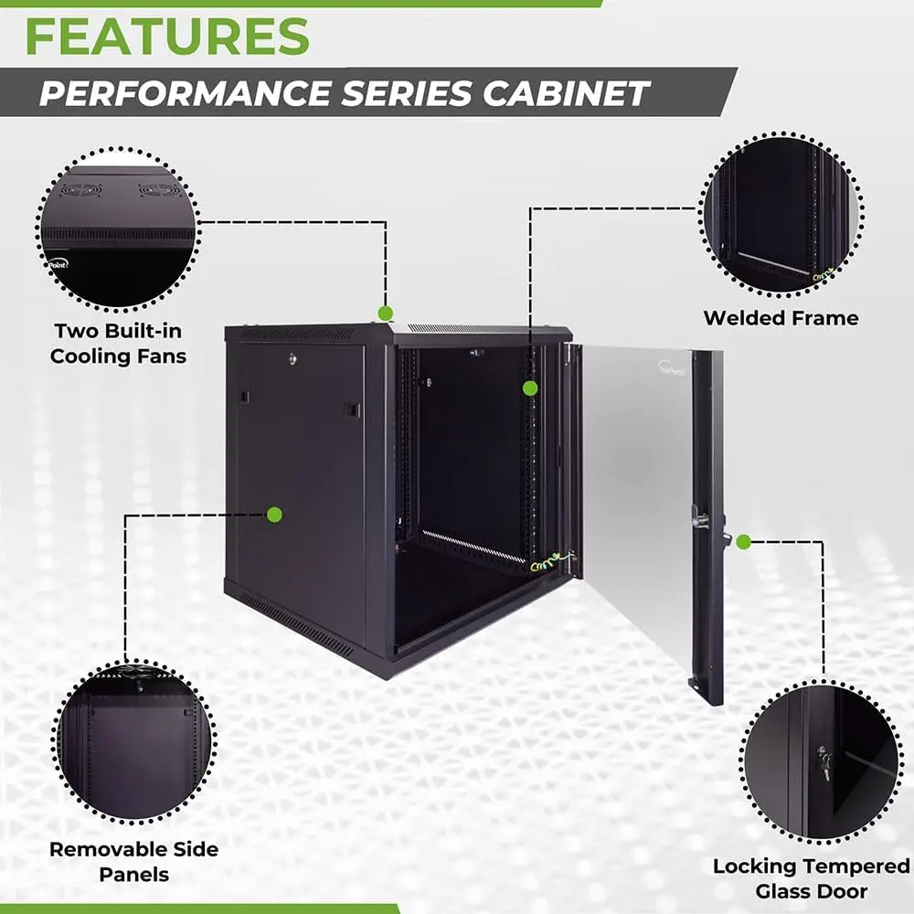 12U  Cabinet Wall Mount Rack Enclosure Includes 2 Fans, Locking Glass Door, Removable Side Panels – 12U Network