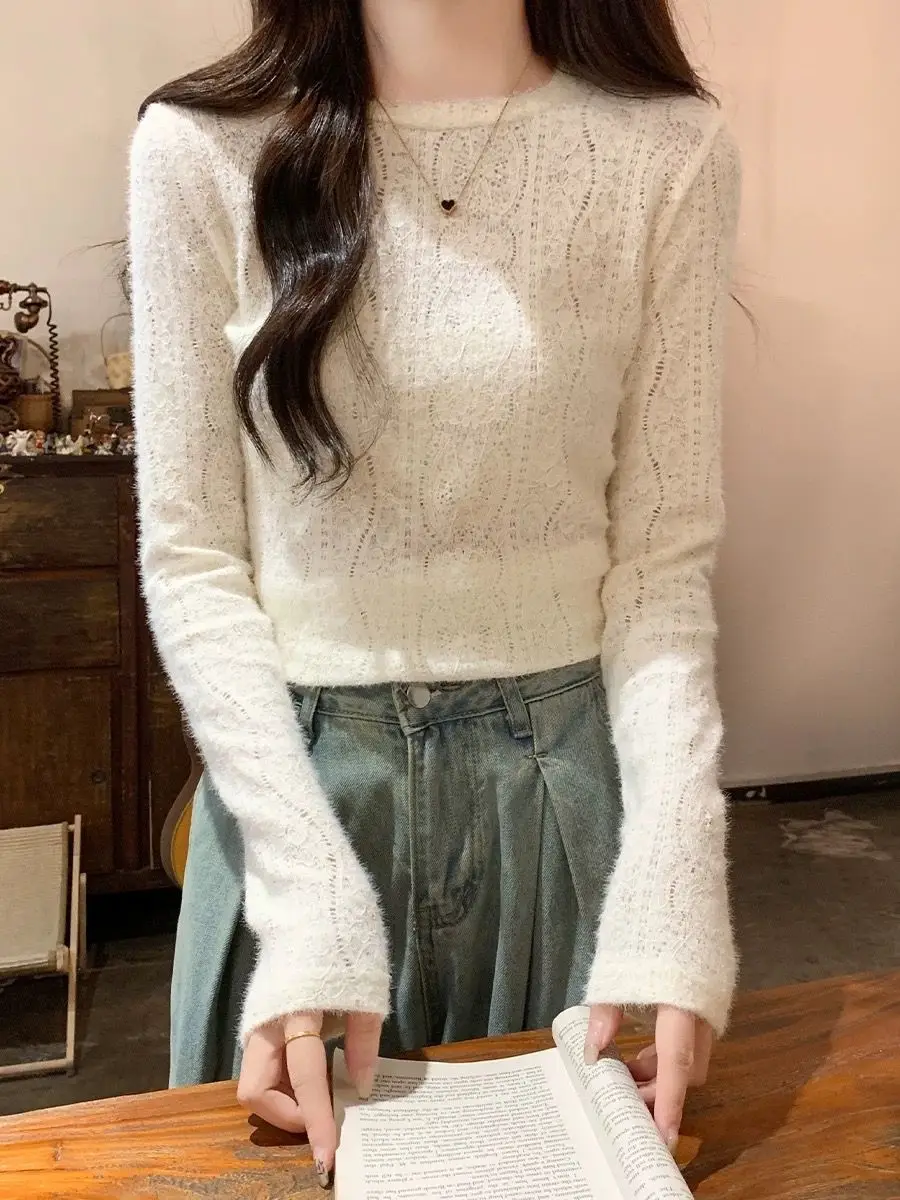 

Lace Long Sleeve Women T Shirts Autumn Sexy Hollow Out Slim Bottoming Tops Solid Simpl O Neck Casual Female Tees TT208