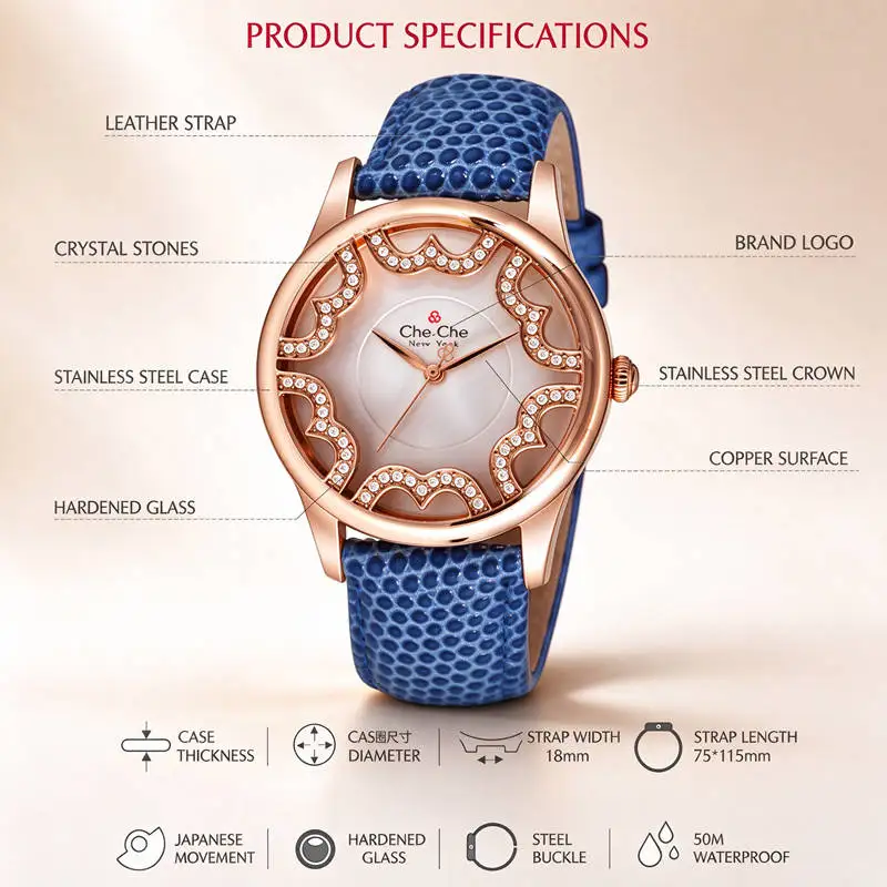 Che Che Women Watch Gift Box Set Luxury Rose Gold Crystal Dial Leather Strap 5ATM Waterproof Japanese Movement Ladies Wristwatch