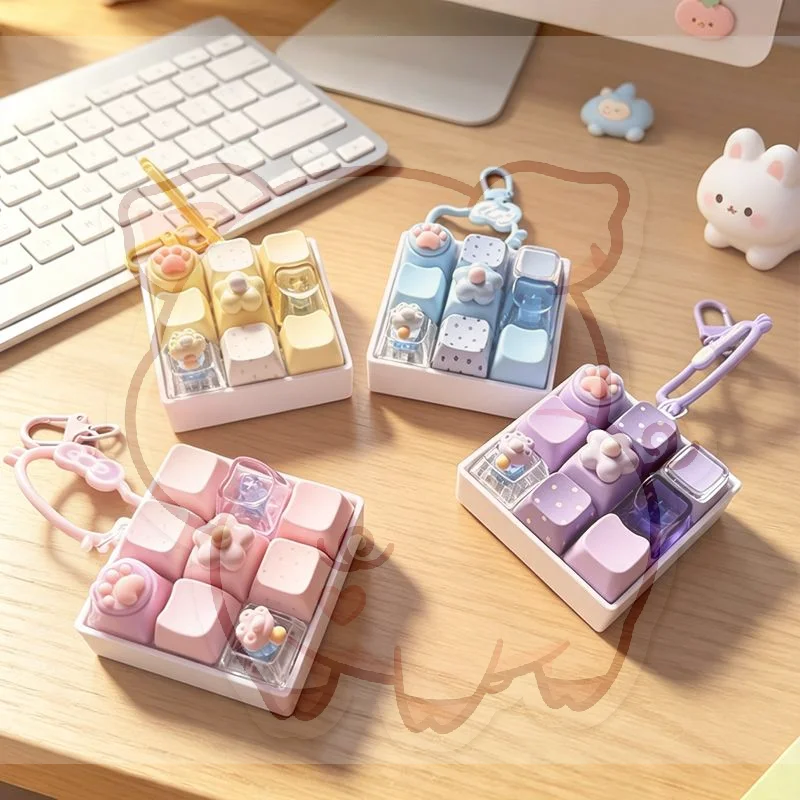 Mechanical Fidget Press Keychain 9 Keys Cute Cartoon Pattern Mini Portable Stress Relief Toy for Travel Use