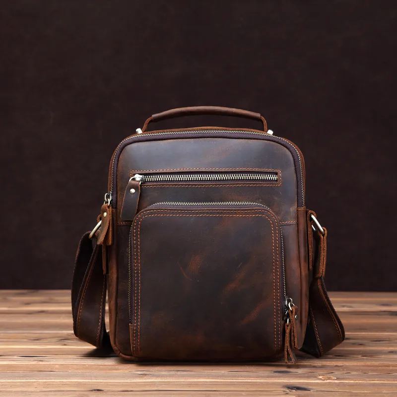 

Vintage Business Messenger Bag for Men 10 Inch Genuine Crazy Horse Leather Crossbody Bag Retro Waxed Leather Shoulder Sling