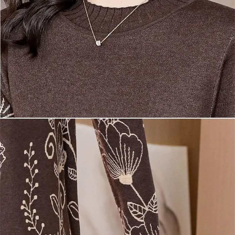 Abito maglione autunno inverno da donna Camicia che tocca il fondo Abito lavorato a maglia jacquard con blocchi di colore di fascia alta Pullover maglione di media lunghezza