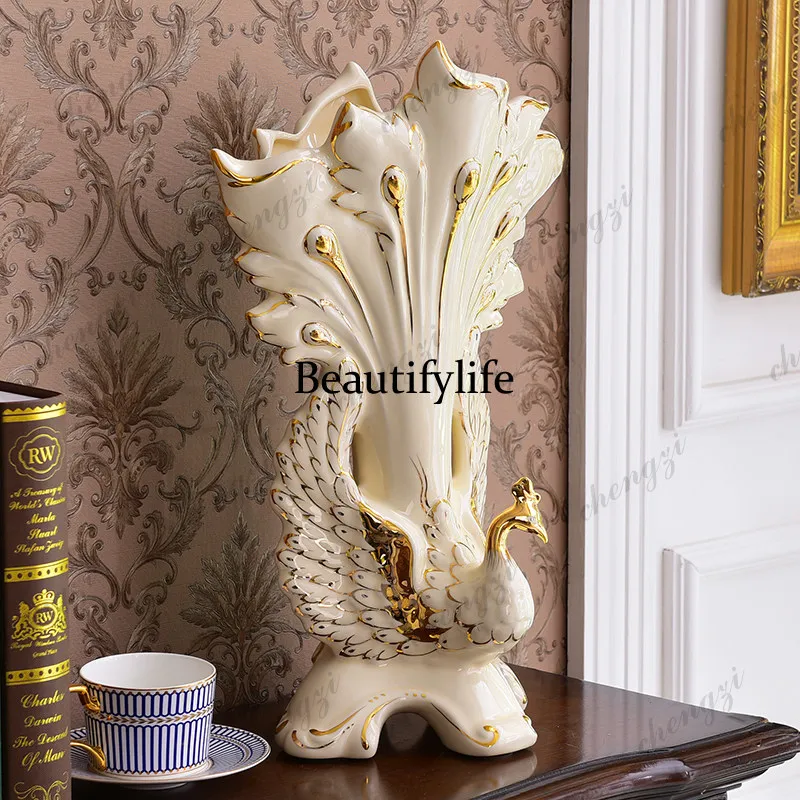 High-end European ceramic vase ornament gilt peacock open screen flower insert creative home jewelry decoration