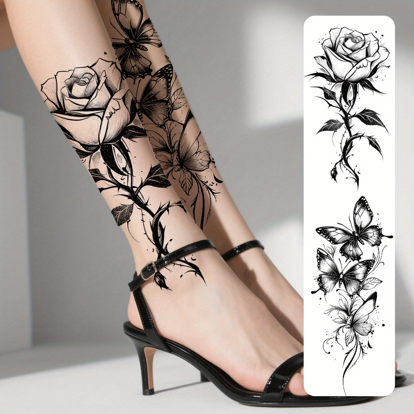 

2pcs Black Flower & Butterfly Temporary Tattoo Stickers For Women, Waterproof & Long Lasting Fake Tattoo For Arm, Leg & Chest