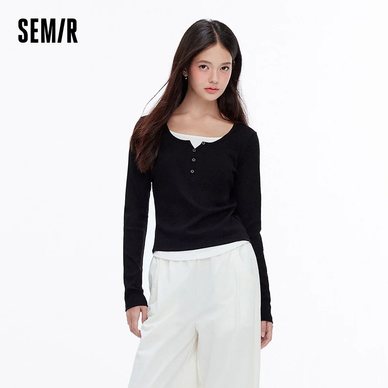 Semir Women Tshirt Slim Long Sleeve Curved Hem Patchwork Faux Two Piece Base Top Autumn Casual Style Daily Wear 2026
