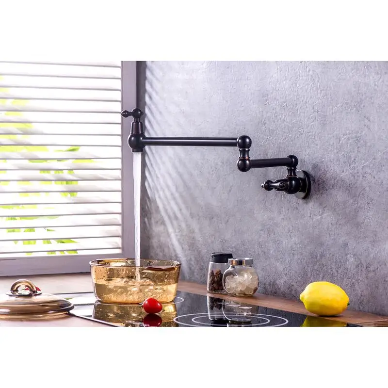 

Wall Mount Pot Filler Faucet - Folding & Stretchable Kitchen Sink Faucet with Single Hole and 2 Handles in Oil-Rubbed Bronze