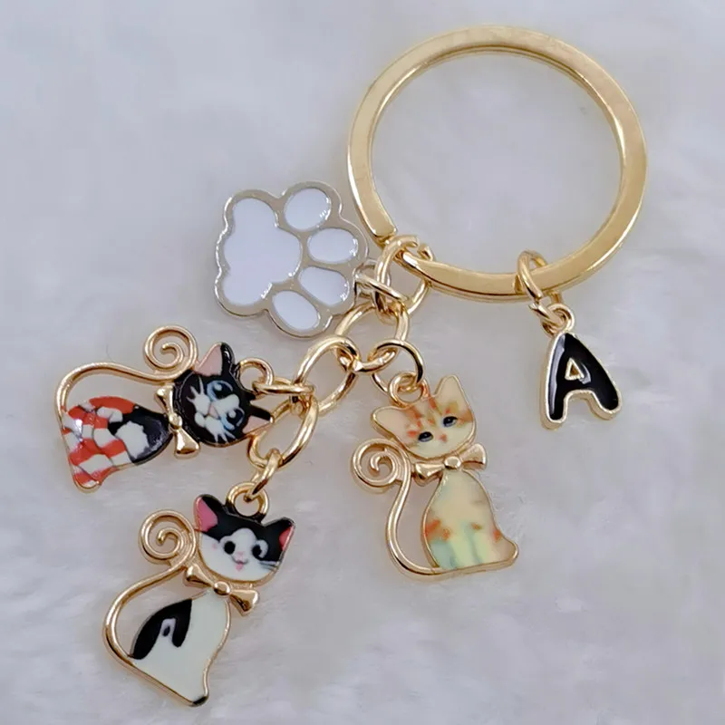 A-Z Kawaii Cat Keychain Pet Paw Key Ring Animal Footprint Key Chains Souvenir Gifts For Women Men Cay Keys DIY Handmade Jewelry