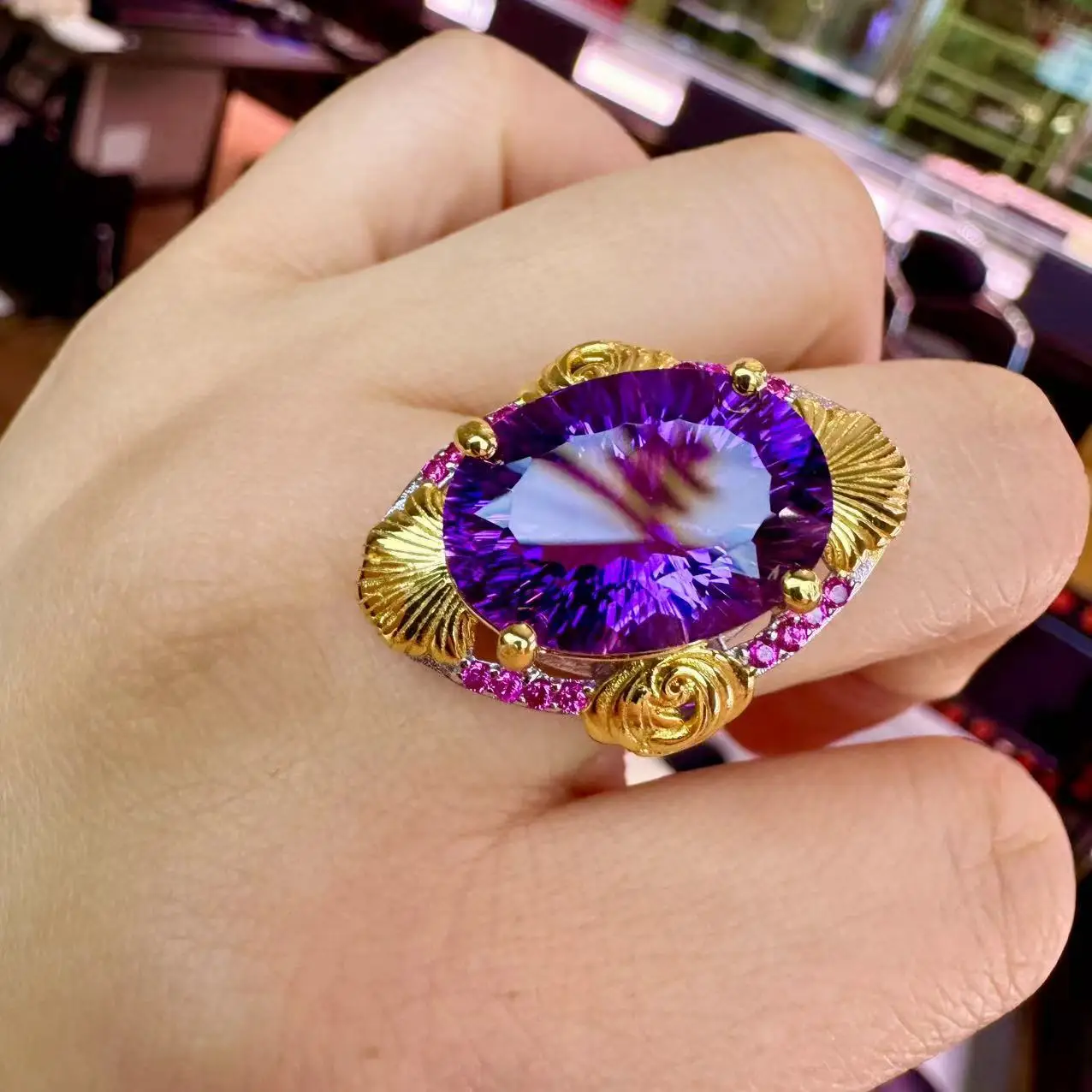 25 Silver Natural Amethyst Ring, 13x18mm Full Fire Color Two-Tone Silver, Vibrant Crystal Jewelry Gift for Women
