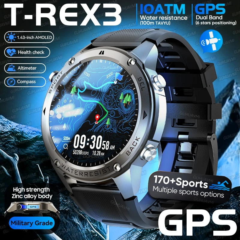 

2026 New Men Military GPS SmartWatch 1.43" Sapphire Screen Dual-Band GPS Compass Bluetooth Call 10ATM Waterproof Sports Bracelet