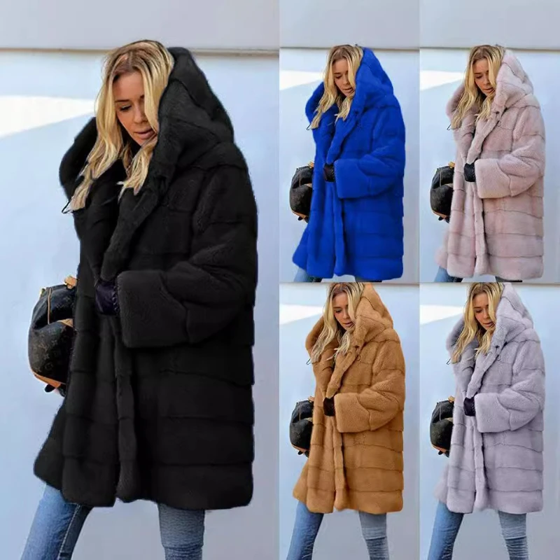 Women Warm Faux Fur Coat Vintage Solid Hoodies Midi Length Cardigan Jackets Furry Outerwear Jackets Hooded Coats Winter